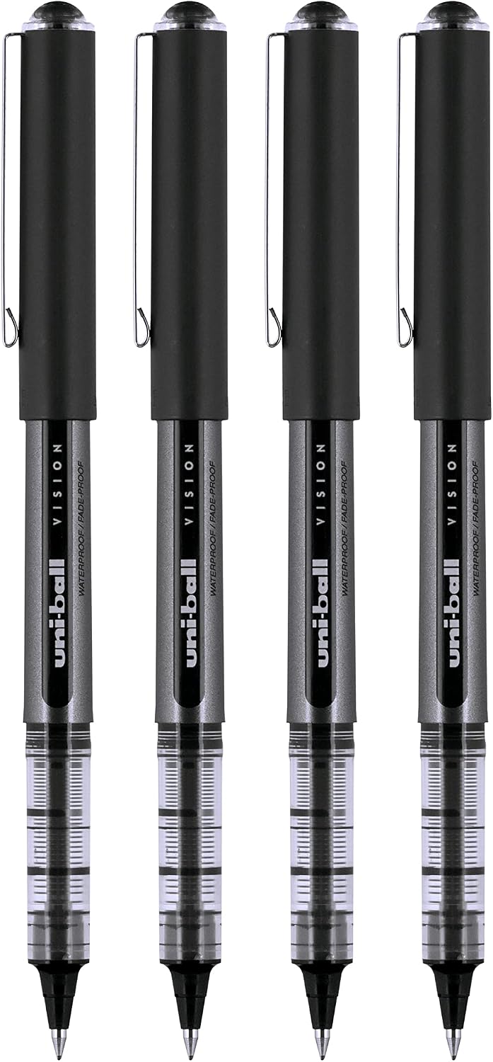 uni-ball Vision Rollerball Pens Fine Point Micro Tip, 0.5mm, Black, 4 Pack