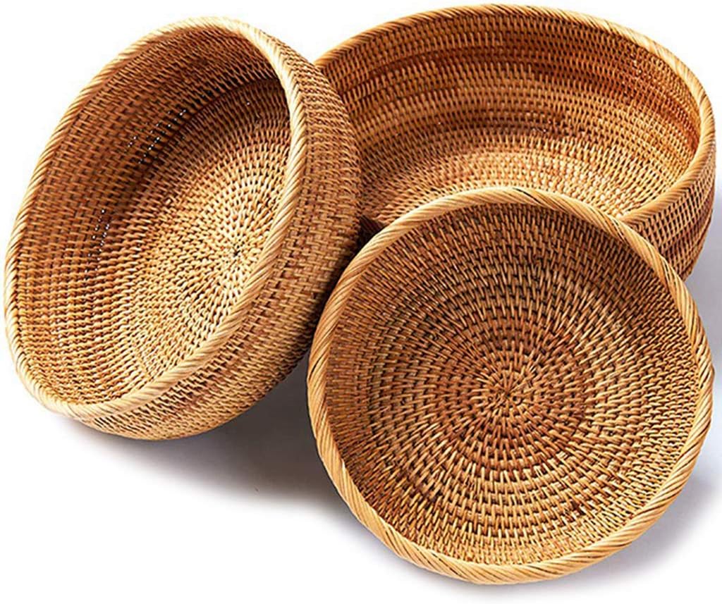 ラタンバスケット ラウンドデザイン トレイ兼ストレージホルダー ダイニングルームやキッチンで使用可能 天然籐素材 手作り編み込み パ