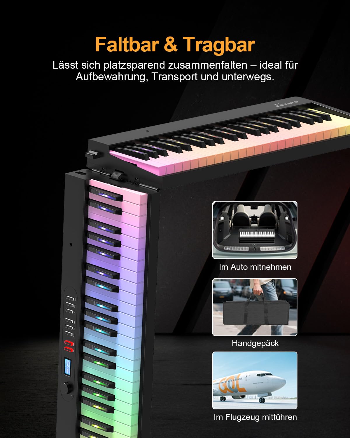 Pianoforte digitale pieghevole, 88 tasti, tastiera semiponderata con tasti luminosi colorati, Bluetooth MIDI E, tastiera portatile per principianti, adulti e bambini