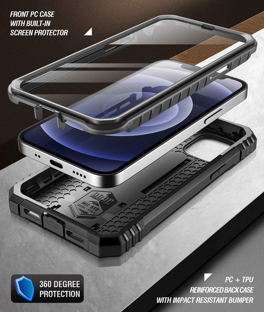 Poetic Revolution Series for iPhone 12 Mini 5.4 inch Case, Full-Body Rugged Dual-Layer Shockproof Protective Cover with Kickstand and Built-in-Screen Protector, Black