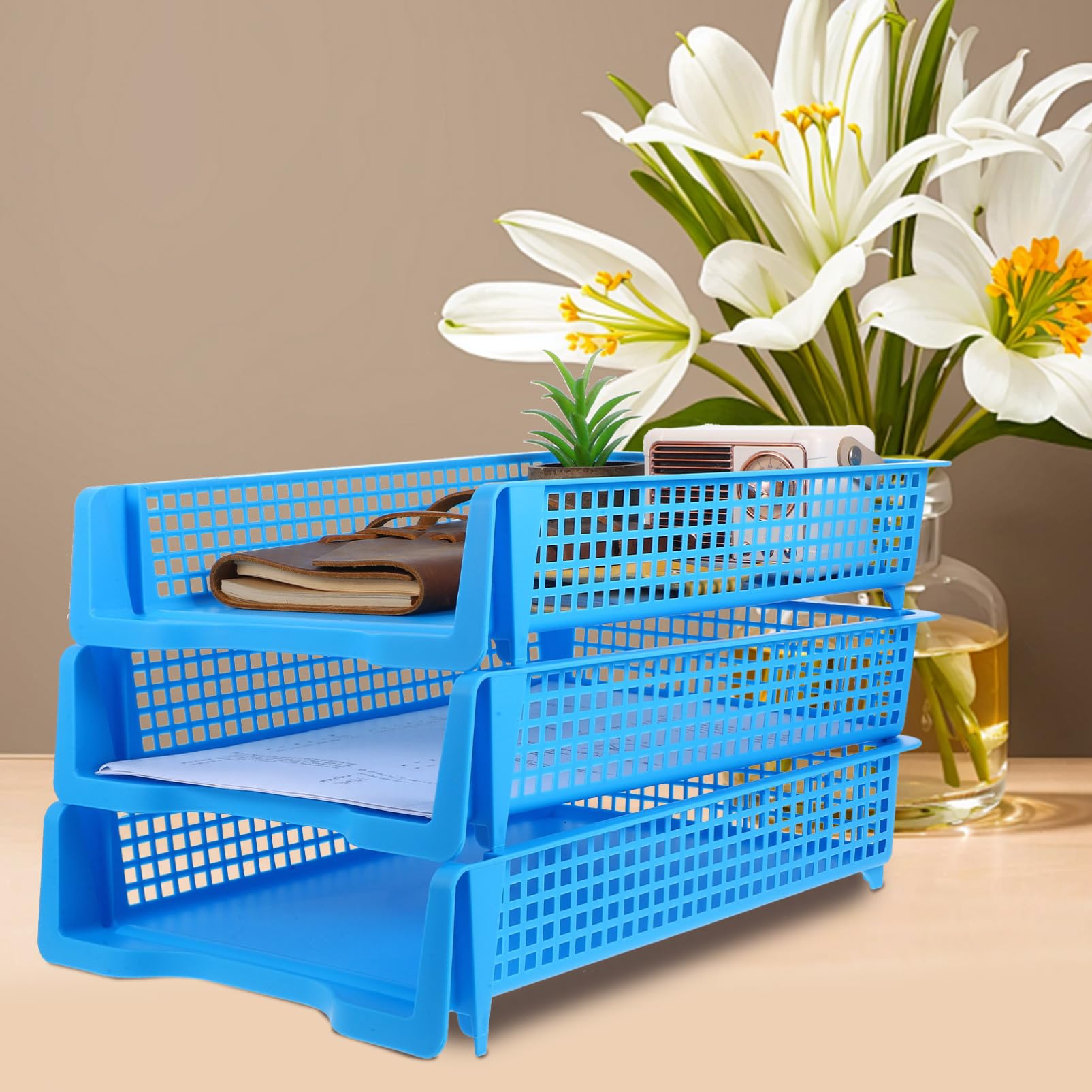 Set 3 Vassoi Impilabili Organizer per Documenti Versatile e Compatto per Scrivania in Plastica per Ufficio e Spazio di Lavoro Moderno