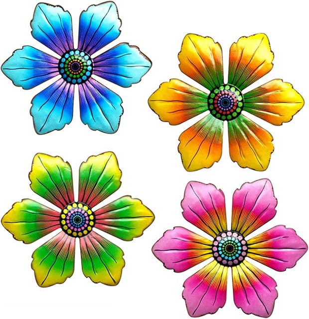 SUNNEKO 4 Pieces Flower Wall Art Decoration Ornaments Indoor Outdoor Garden Yard Wall Hanging Sheds Walls Fences