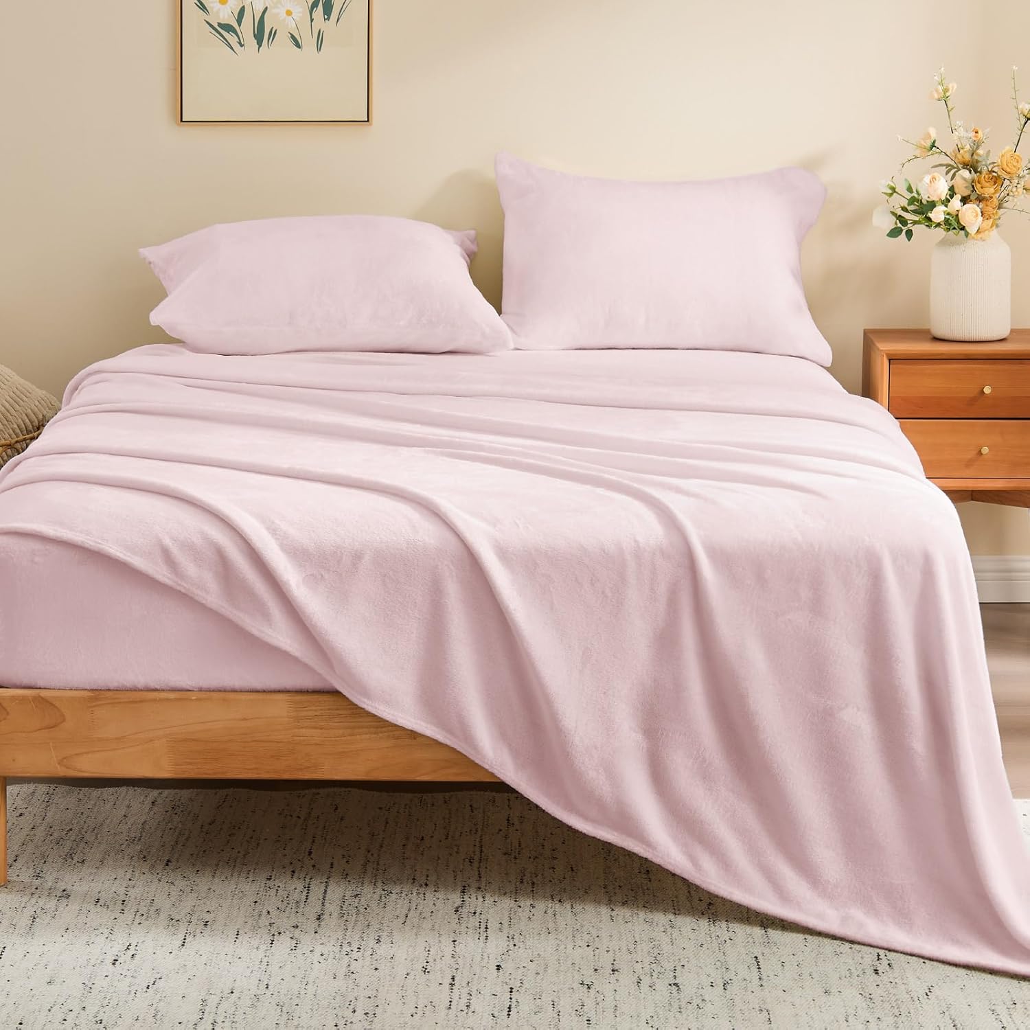 bedelite flannel sheets twin size pink - super soft fleece sheets set fluffy extra plush, 3 piece(include fitted sheet, flat sheet, 1 pillowcase) pink twin
