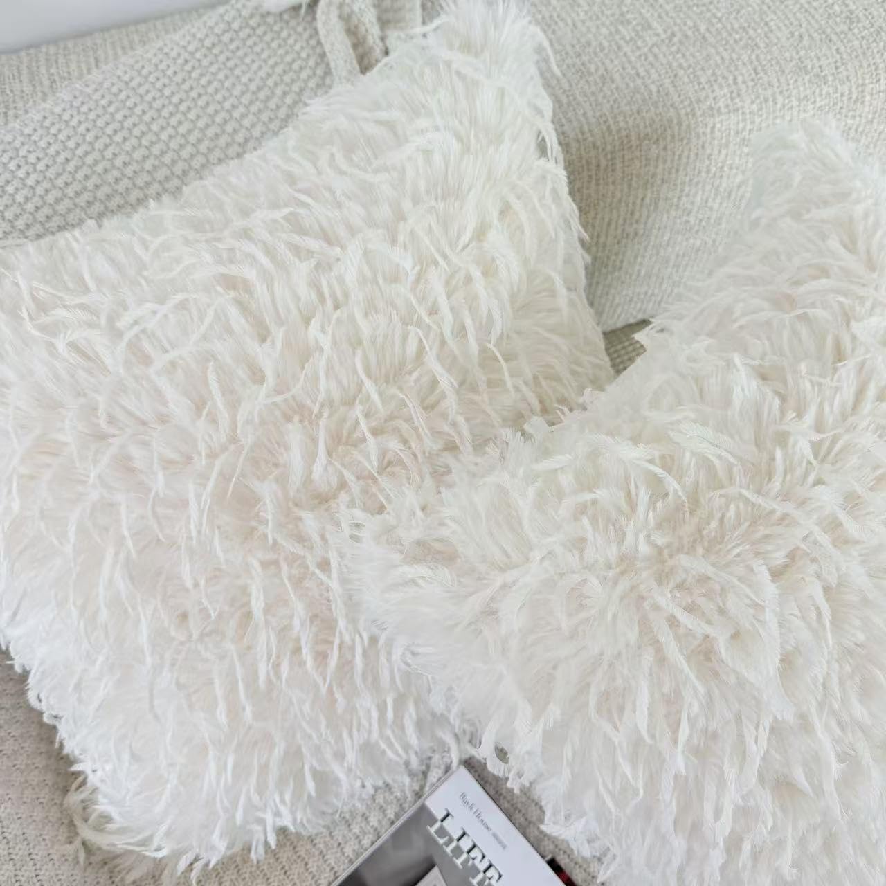 OYIMUA Faux Feather Throw Pillow Covers 20x20 Cream White Set of 2 Fluffy Decorative Luxury Modern Pillow Covers for Couch Bed Living Room - Image 5