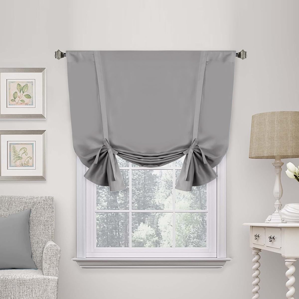 H.VERSAILTEX Grey Tie Up Curtain for Kitchen - Roman Shade for Window Thermal Insulated Energy Saving Rod Pocket Short Curtain Panel for Camper RV, Dove Gray, W42 X L45, 1 Piece