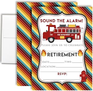 Amanda Creation Sound the Alarm Firefighter Retirement Party Invitations - 20 Fill-In Cards Fire Truck Themed Retirement Invites with Twenty White Envelopes - 5x7 Double Sided Cards
