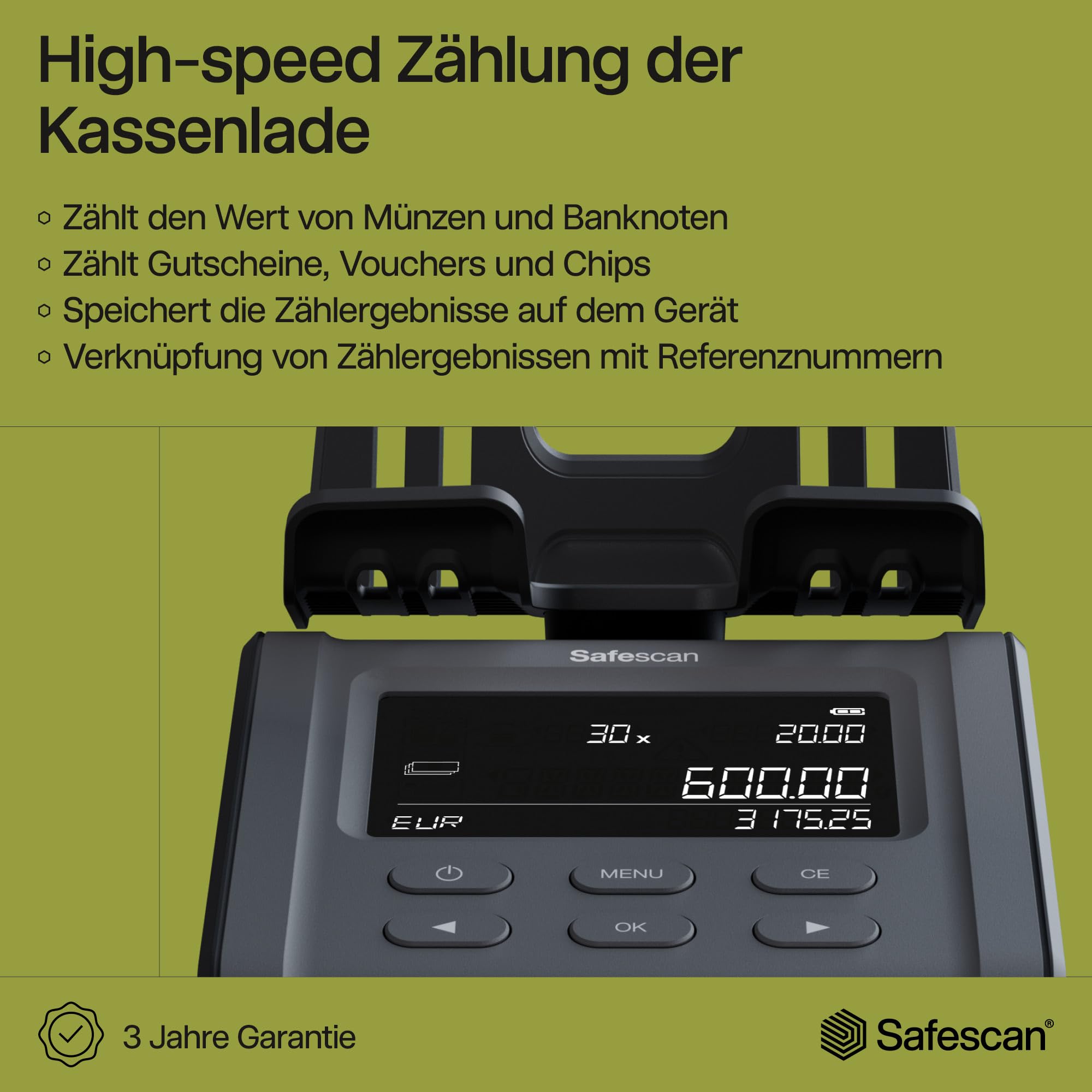 Safescan 6165 Geldzählmaschine, Wertzählung für Münzen und Banknoten, Vouchers und Chips - Münzzähler mit automatischer Münzrollenerkennung - die Geldwaage speichert individuelle Zählergebnisse