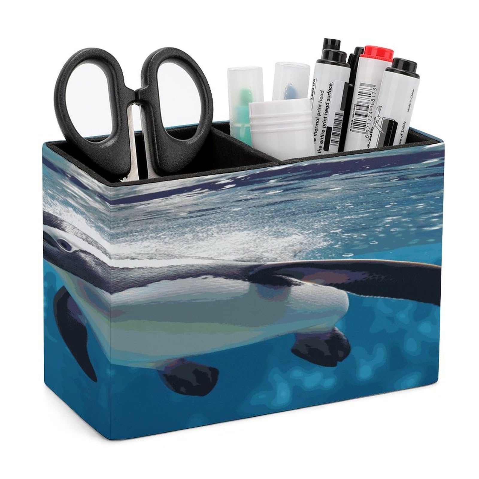 VstaDank Swimming Penguin Pencil Holder for Desk(Double Slots) Fashion Leather Pencil Cup Simple Rectangular Shape Pen Holder Multi-Functional Pen Cup for Home Office Supplies Storage