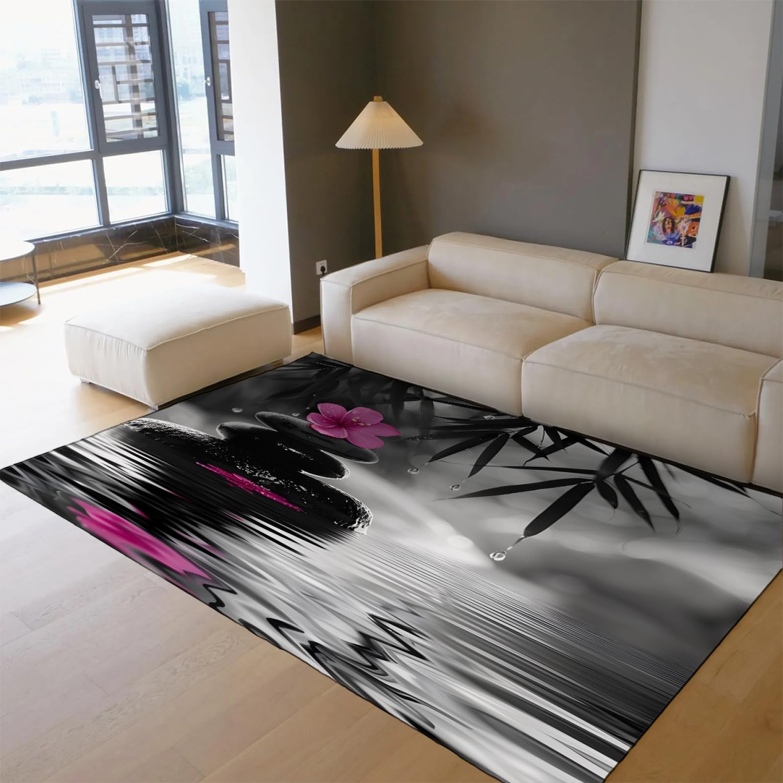 Méditation Art Tapis Orchidée Zen Pierre Motif Tapis d’intérieur antidérapant pour la décoration de la Maison inspirée du Spa Salle de Bain Porte Gris 160x200cm