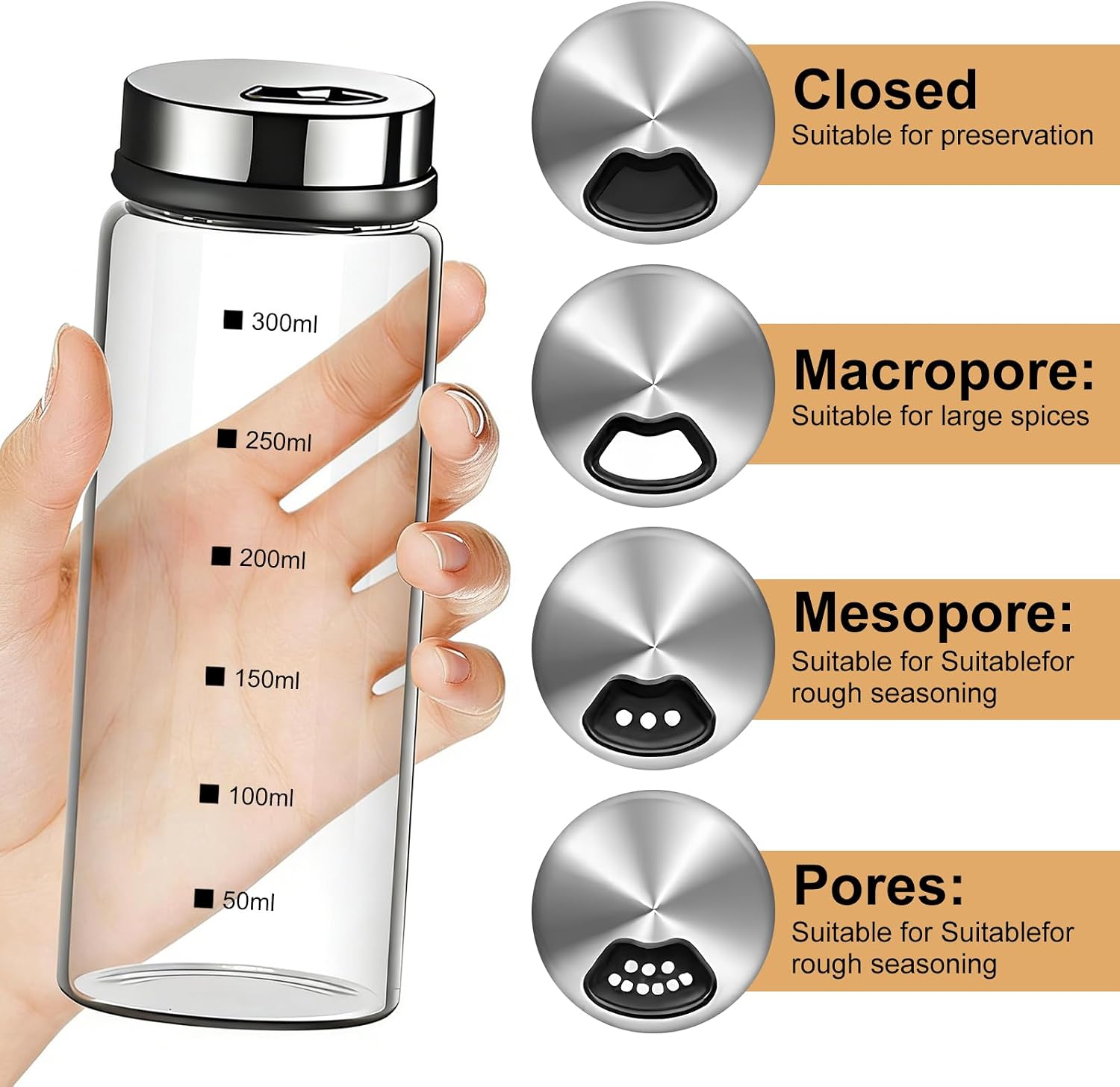 2Pcs Large Capacity 300ml Salt And Pepper Shakers for BBQ, Home Using - with Adjustable Pour Holes on Stainless Steel Lids, Graduated Powder Shaker Sets, Refillable Salt Dispenser