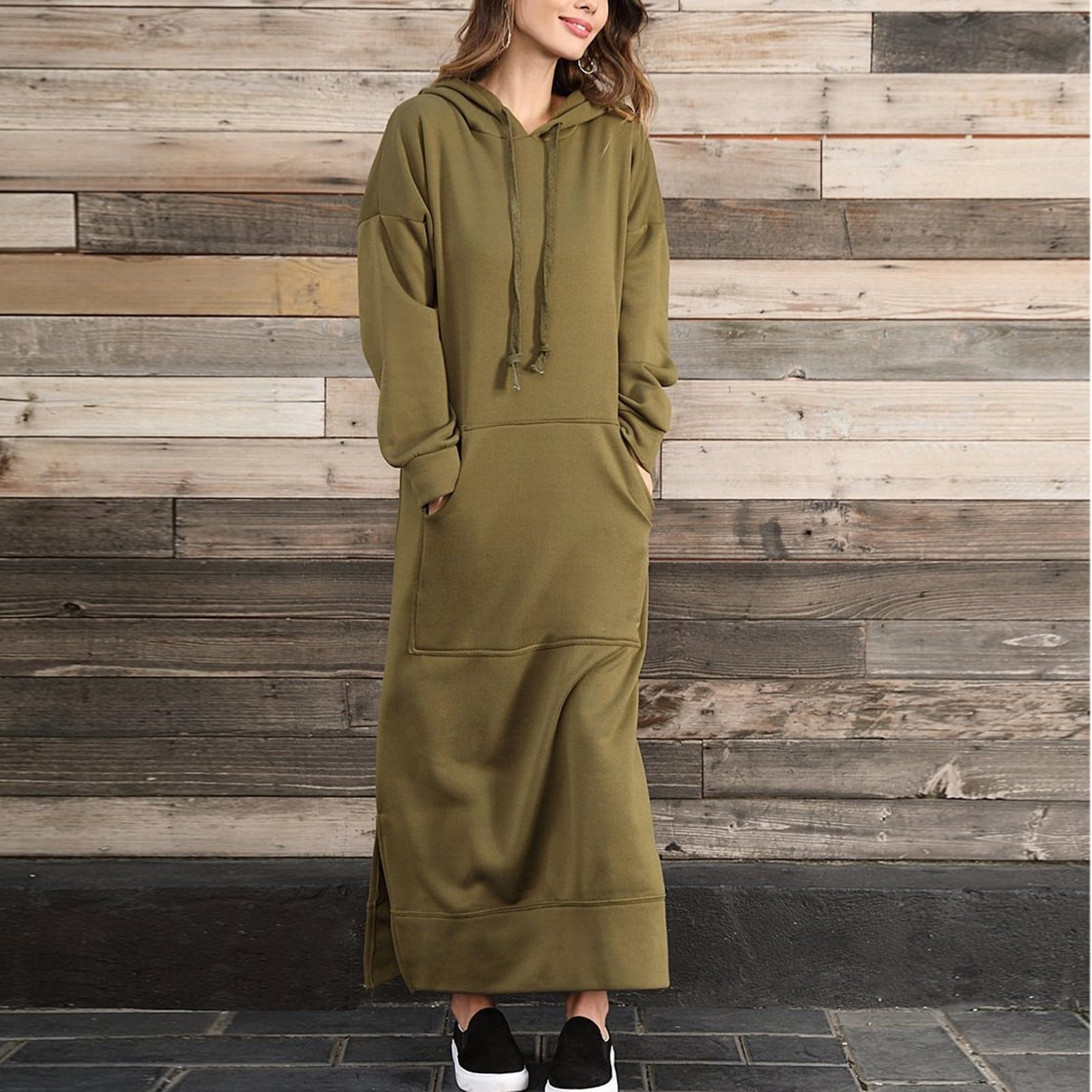 Generisch Damska bluza z kapturem z długim rękawem w dużych rozmiarach, z bawełny, oversize, sukienka z kieszeniami, Maxi Warmy sweter na przytulne dni