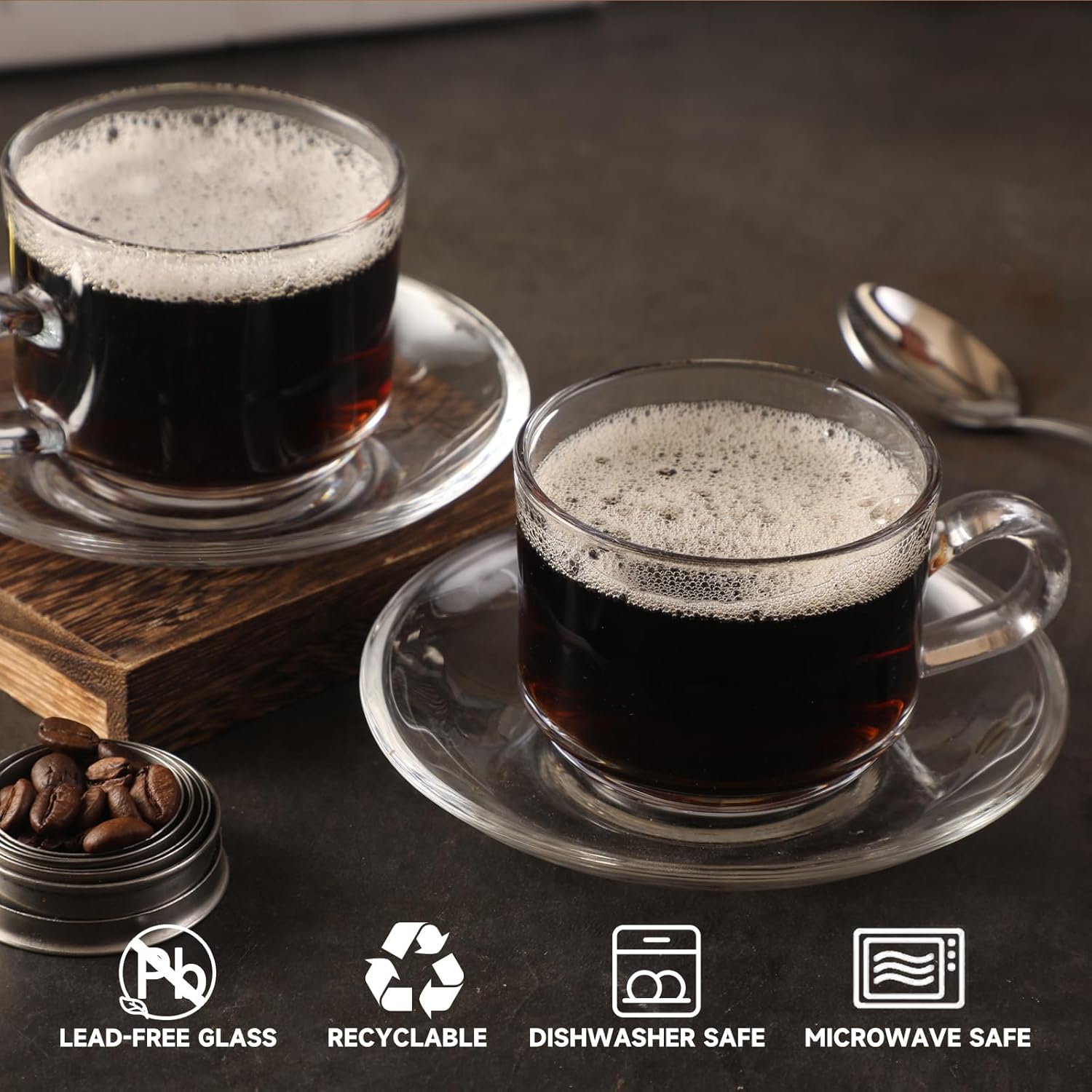 Glass Tea Cups and Saucers Set of 6, Clear Coffee Mugs with Stainless Steel Spoon, Dishwasher & Microwave Safe Teacups for Espresso Cappuccino Latte Tea Juice, 6OZ/180ML - Image 7