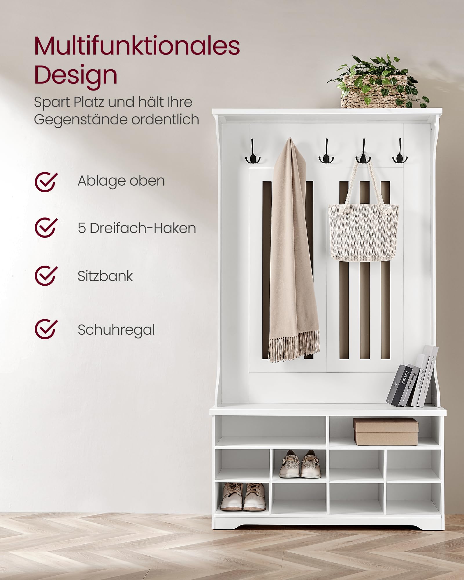 VASAGLE Garderobenständer mit Schuhbank, Garderobe, Schuhaufbewahrung, 5 Dreifach-Haken, freistehend, platzsparend, für Eingangsbereich, Flur, verstellbare Regalebenen, wolkenweiß HSR404T10
