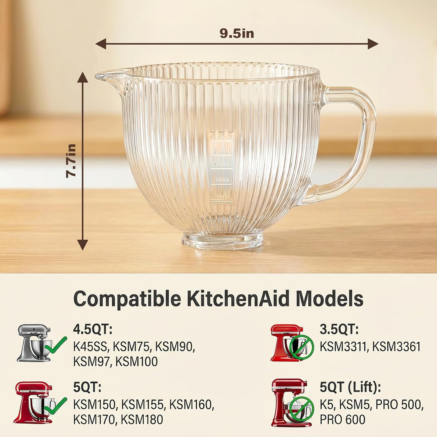 InnoMoon Glass Mixer Bowl for KitchenAid Stand Mixers, 5Qt Mixing Bowl Replacement for Kitchen Aid 4.5-5Quart Tilt-Head Stand Mixers with Handle & Clear Measurement Markings