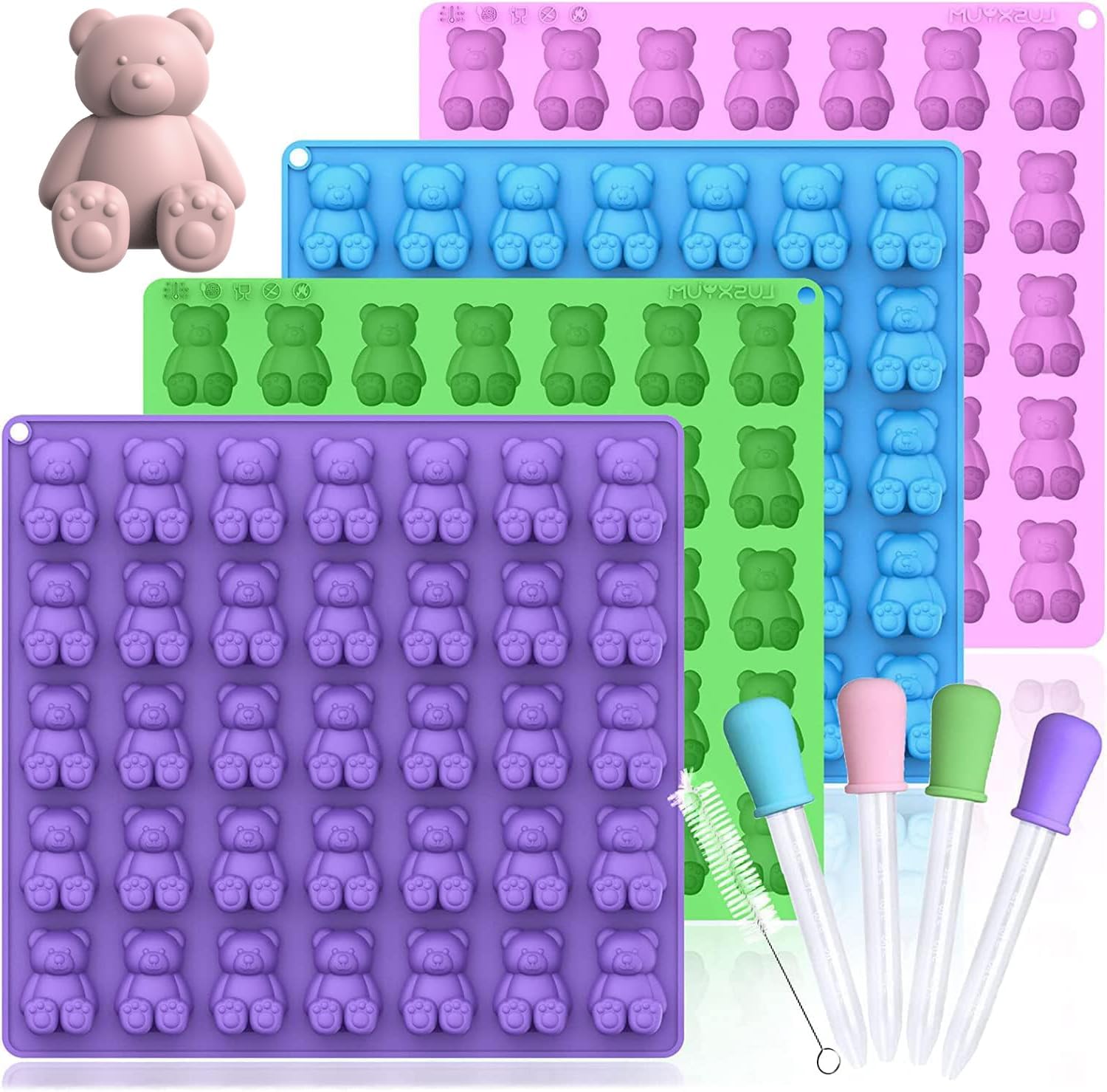 LUSHYUM Large Gummy Bear Moulds 5 ML, BPA-Free Silicone Chocolate Candy Gummy Molds with 4 Droppers and Cleaning Brush 140 Cavity, Set of 4