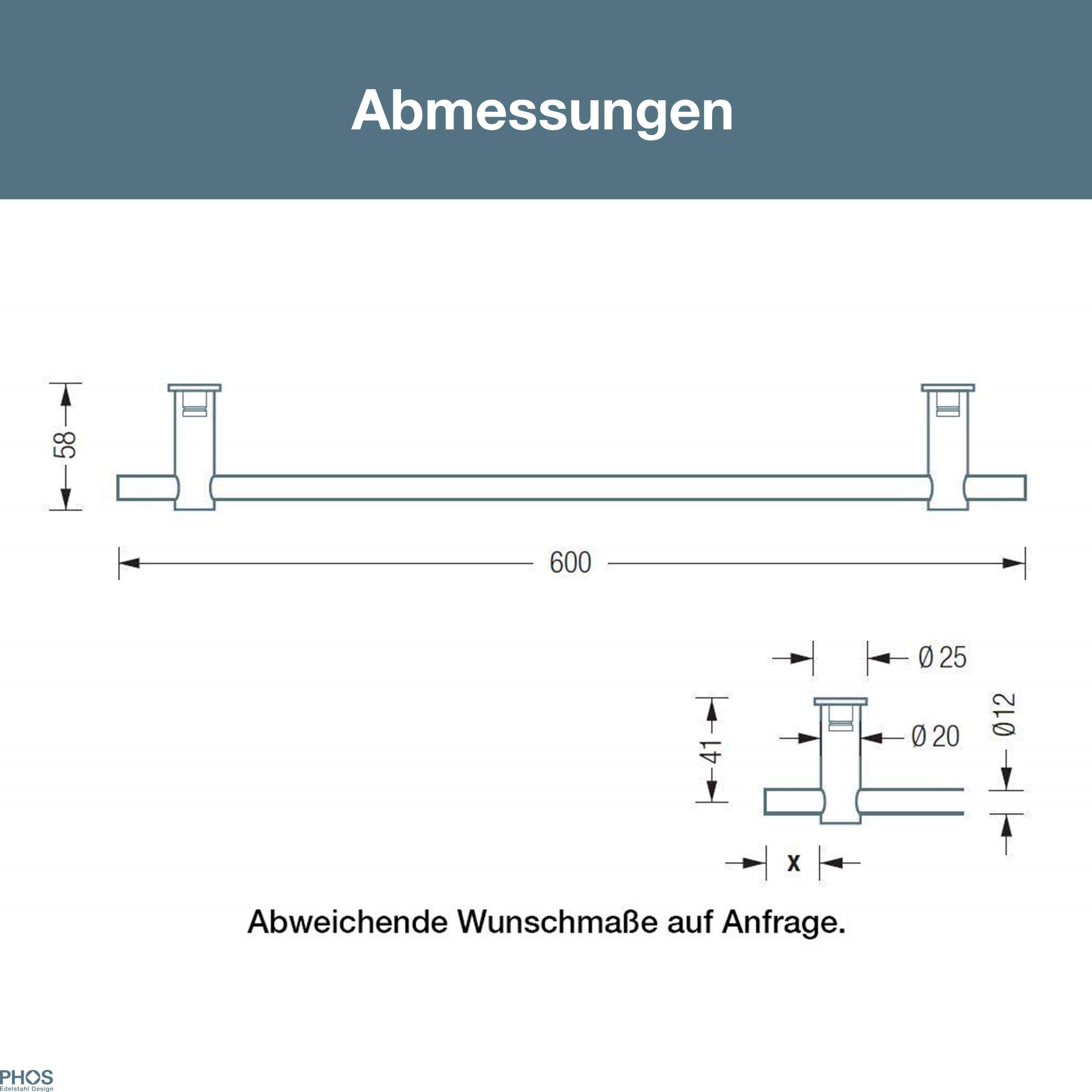 Handtuchstange Edelstahl matt gebürstet, mit verdeckter, sicherer Wandverschraubung, inkl. Montagematerial, Handtuchhalter - PHOS Design