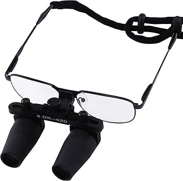 4.0X Magnification Dental Loupes, Prismatic Keplerian Style Nickel Alloy Frame, 40mm Depth of Field+ 65mm Field of View+ 420mm Working Distance Loupe, Flip-Up Flexible Optical Glass Loupe Dentistry