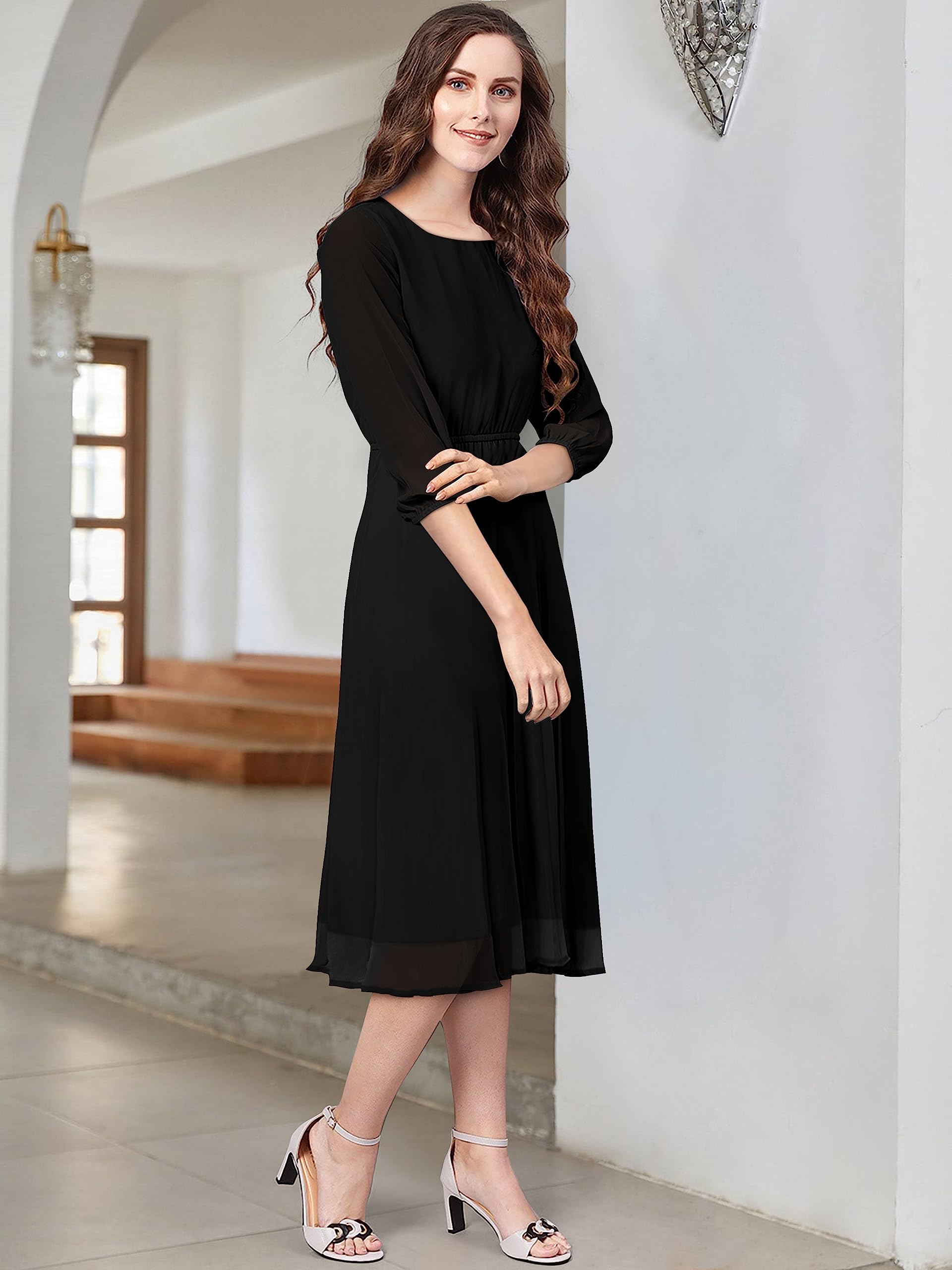 Toochki Women's Black Georgette Solid Fit & Flared Western Dress | Dress For Women | A Line Dress | Winter Dress | Western Dress | Latest Women Dress | Trendy Dress | Midi Dress