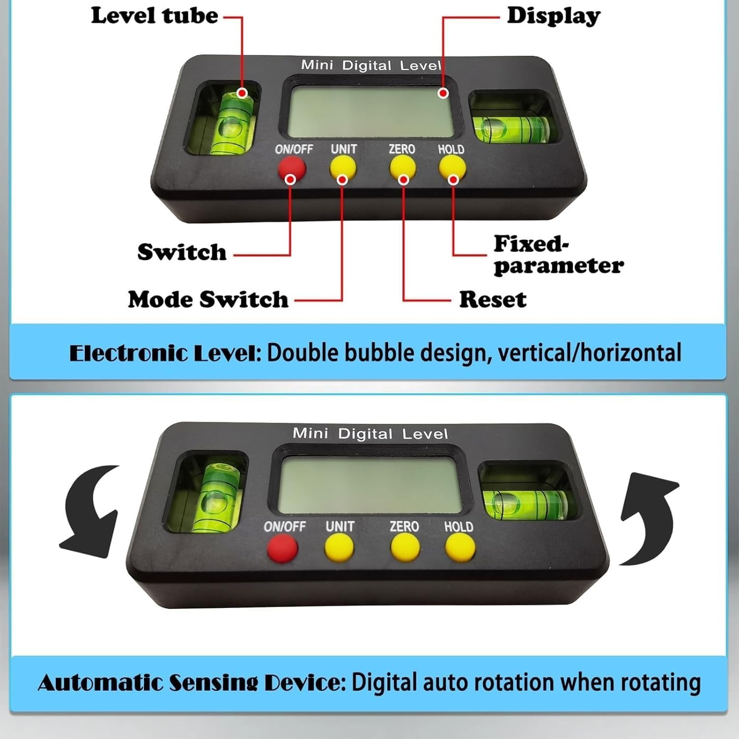 Alineador de volante de coche - Nivel digital con posicionamiento electrónico ± 90°, 19-37 cm ajustable, 4 modos de medición para reparación de vehículos