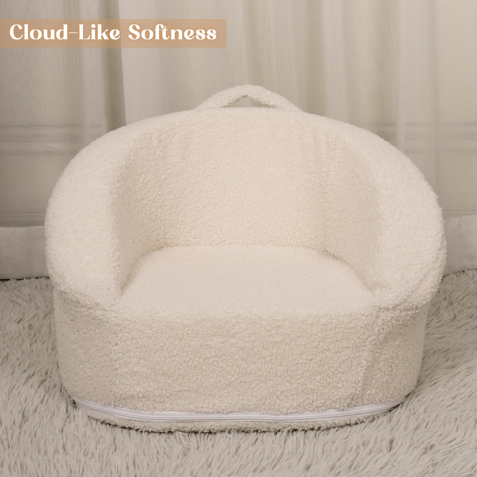 Mini sofá de peluche para niños, silla portátil compacta de 17.3 pulgadas con asa de transporte, funda lavable, diseño seguro y resistente, adecuada para niños y niñas, color blanco 3