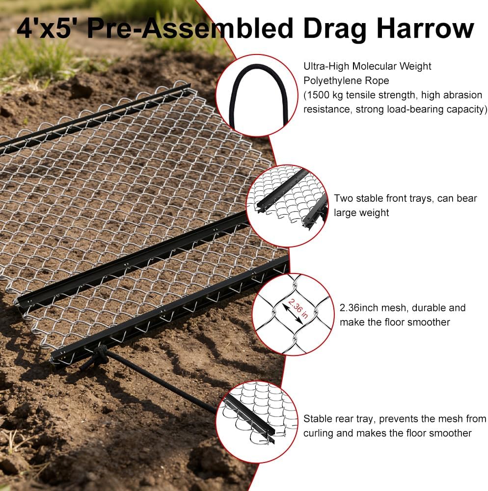 Drag Harrow, 4'x5' Chain Harrow for ATV/UTV, Rust-Resistant Mesh Harrow for Gravel Driveway, Lawn, Field & Soil Leveling