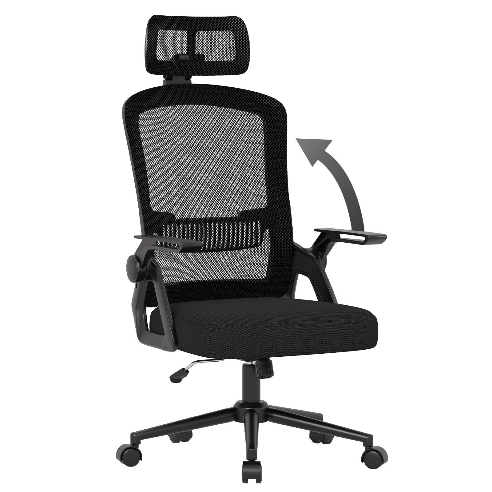 naspaluro Silla de Oficina Ergonómica, con Reposacabezas Ajustable, Reposabrazos Abatibles, Silla de Escritorio Giratoria con Soporte Lumbar, Respaldo Transpirable, Carga Máxima de 150kg, Negro