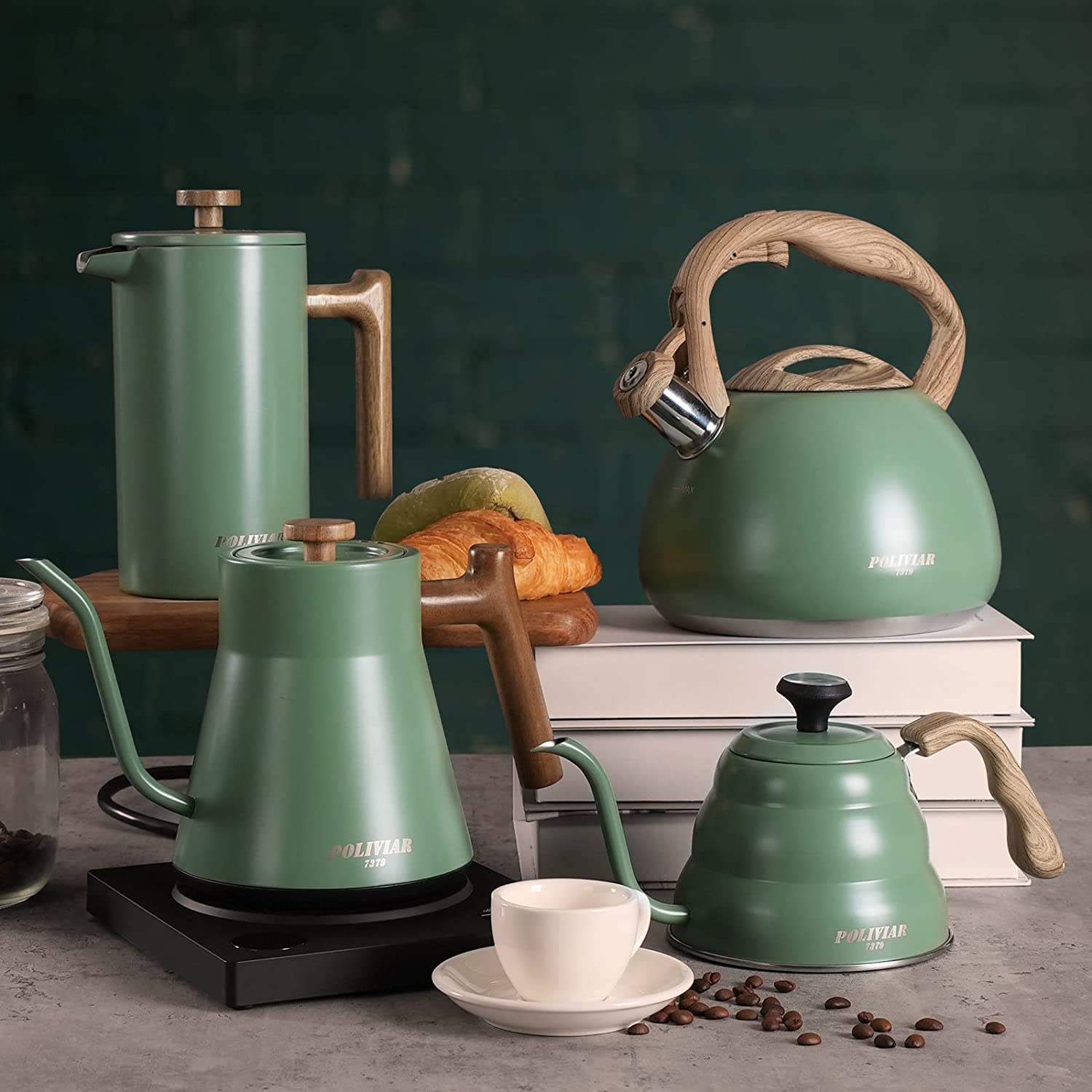 Poliviar Wasserkessel Induktion, Edelstahl Pfeifkessel, Teekessel für alle Kochplatten, Flötenkessel mit Holzmasergriff, Wasserkocher für Tee & Kaffee, max. 2.7L, Wildes grün