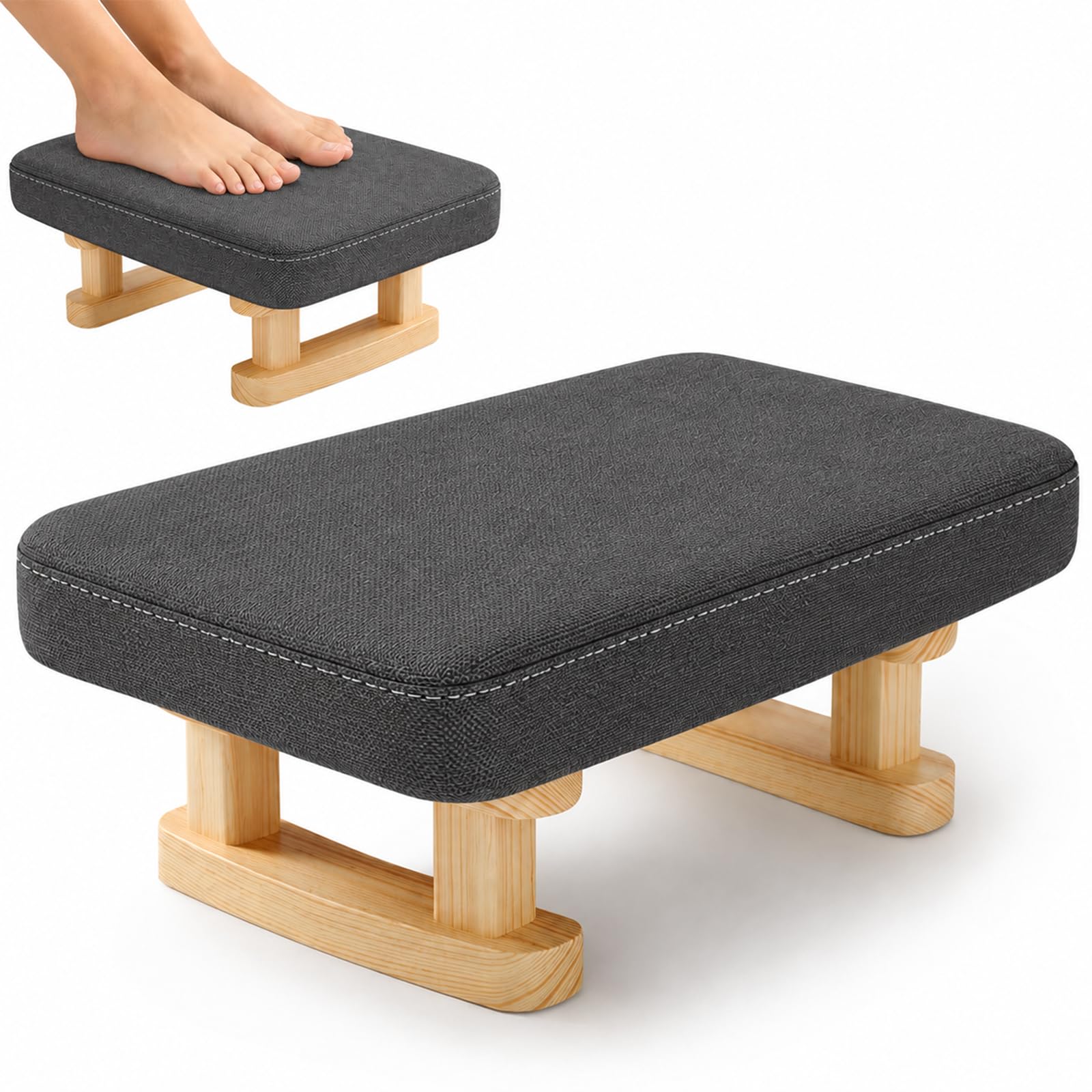 Ottoman Footstool with Wooden Legs , 41x30x18cm Pouffe Footrest with Removable Washable Cover, Solid Wood Legs Anti-Slip, 150kg Capacity Stool for Living Room Bedroom Office Entryway (Dark Grey)