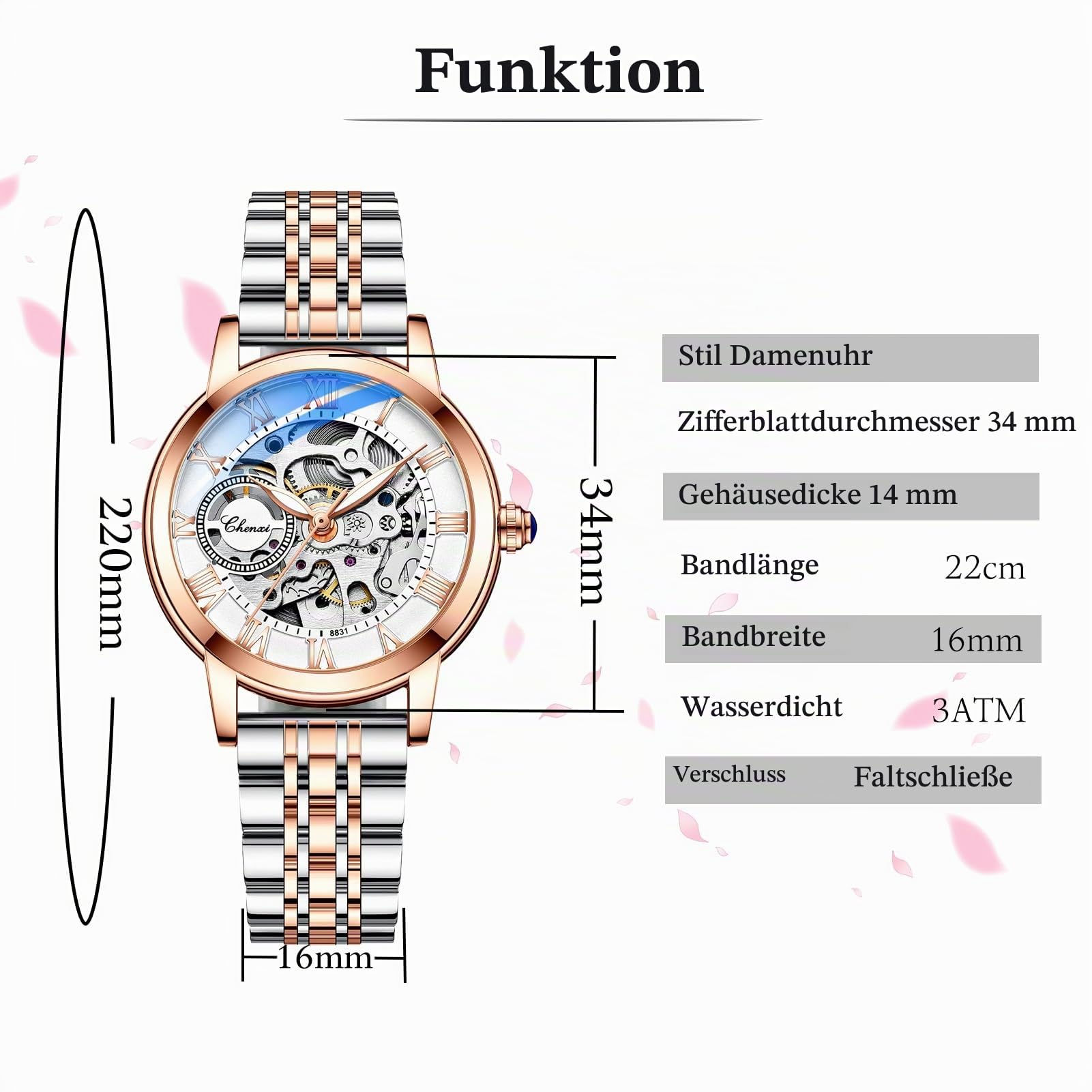 FORSINING Automatische mechanische Damenuhr, rotgoldenes Edelstahlband, luxuriöses Skelett-Zifferblatt, elegante Damen-Armbanduhr