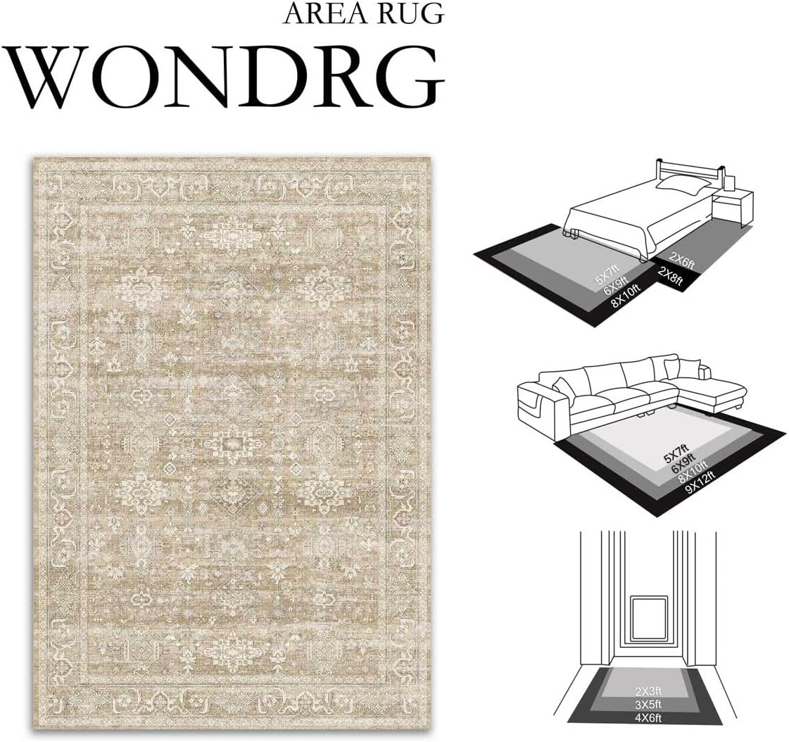 2x6 Washable Runner Rug for Hallway Kitchen Vintage Beige Non Slip Low Pile Carpet Traditional Retro Soft Throw Rug for Bathroom Bedroom Entryway Indoor Entrance