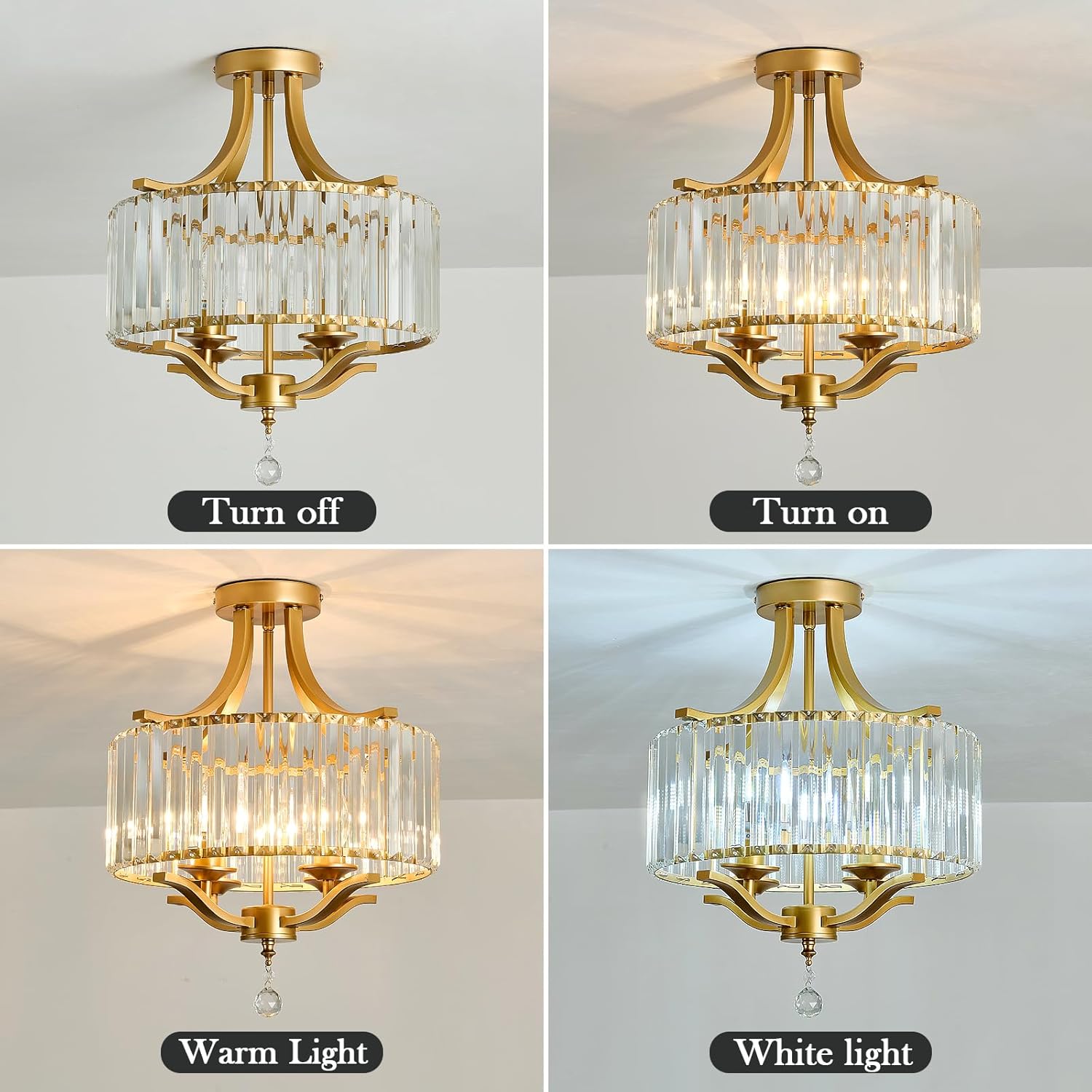 Modern Crystal Chandelier 4 Lights Gold Semi Flush Mount Ceiling Light Fixture E12 Metal Farmhouse Chandelier for Dining Room Living Room Bedroom Entryway Hallway Kitchen