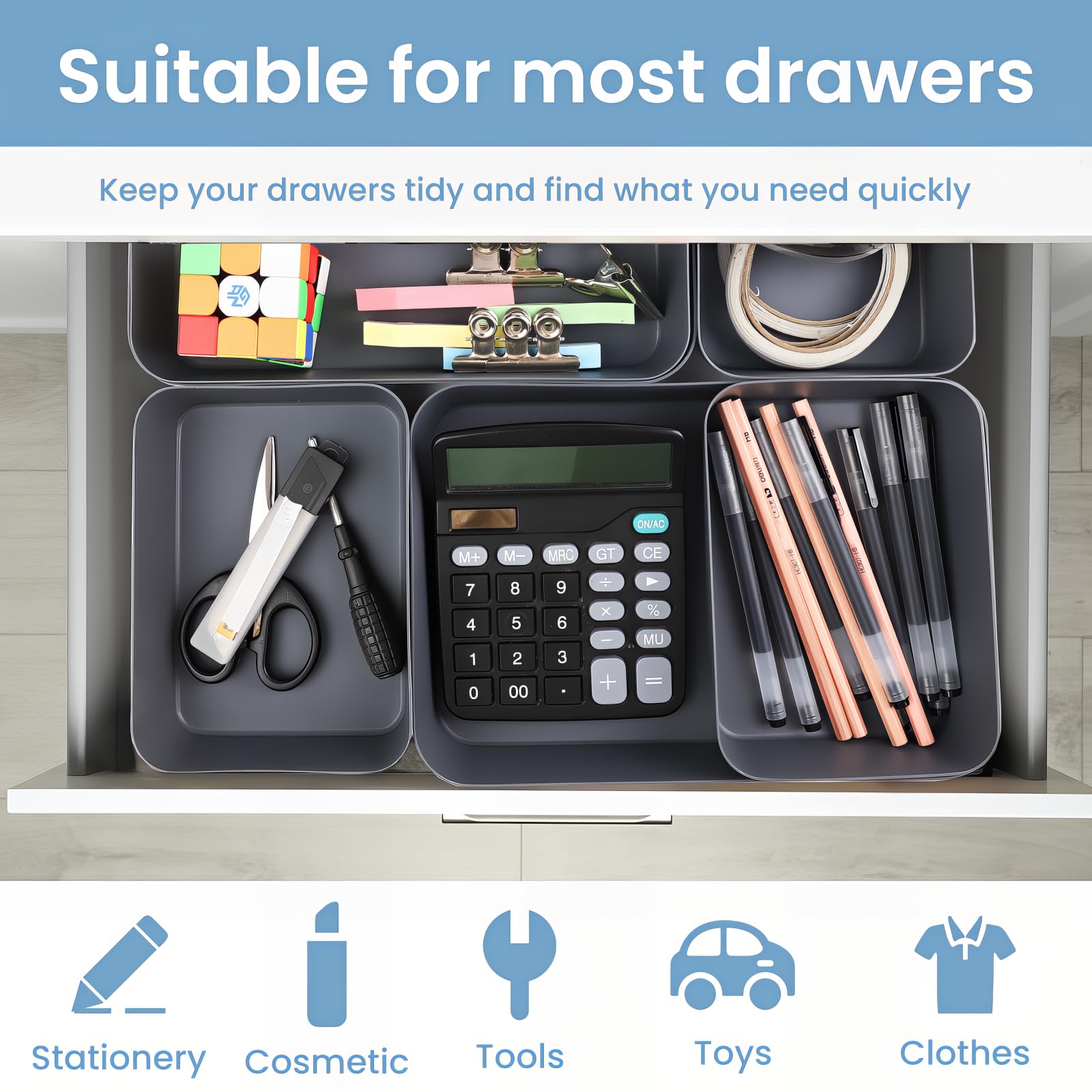 Bugucat Organizer Cassetti 10 Pezzi,Divisori Cassetti Scrivania in 3 Dimensioni,Organizer Contenitori Porta Oggetti Adatto per Guardaroba, Scrivania, Bagno, Cucina