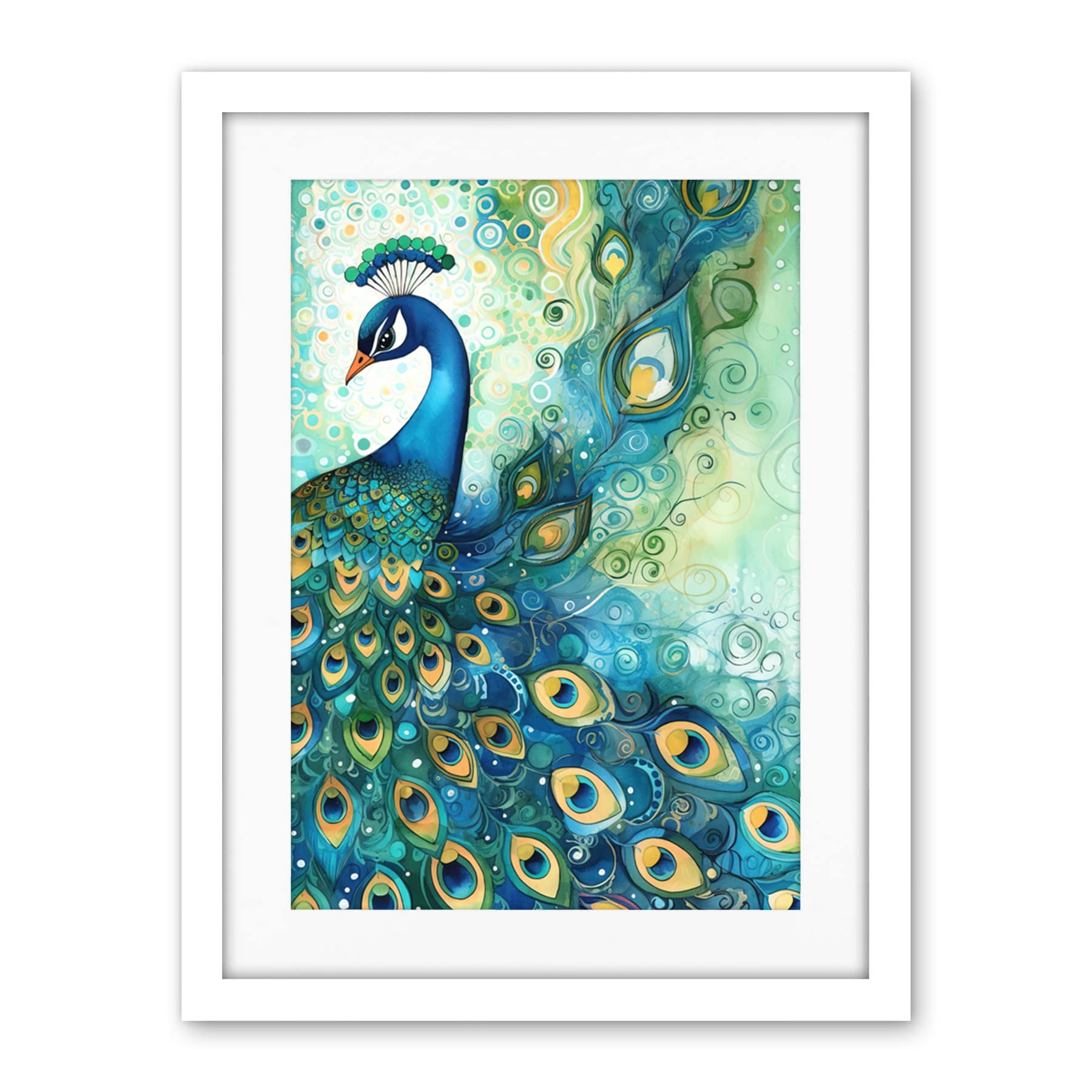 Artery8 Peacock Bird Concept Folk Art Watercolour Painting Artwork Framed Wall Art Print 18X24 Inch