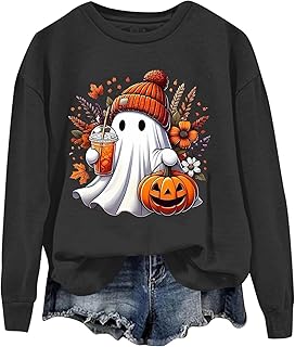 Acogedora camiseta de manga larga de Halloween para mujer con motivos escalofriantes - Elegante y cómoda para cualquier fiesta de Halloween. Sudadera para mujer sin mangas para mujer, color beige,