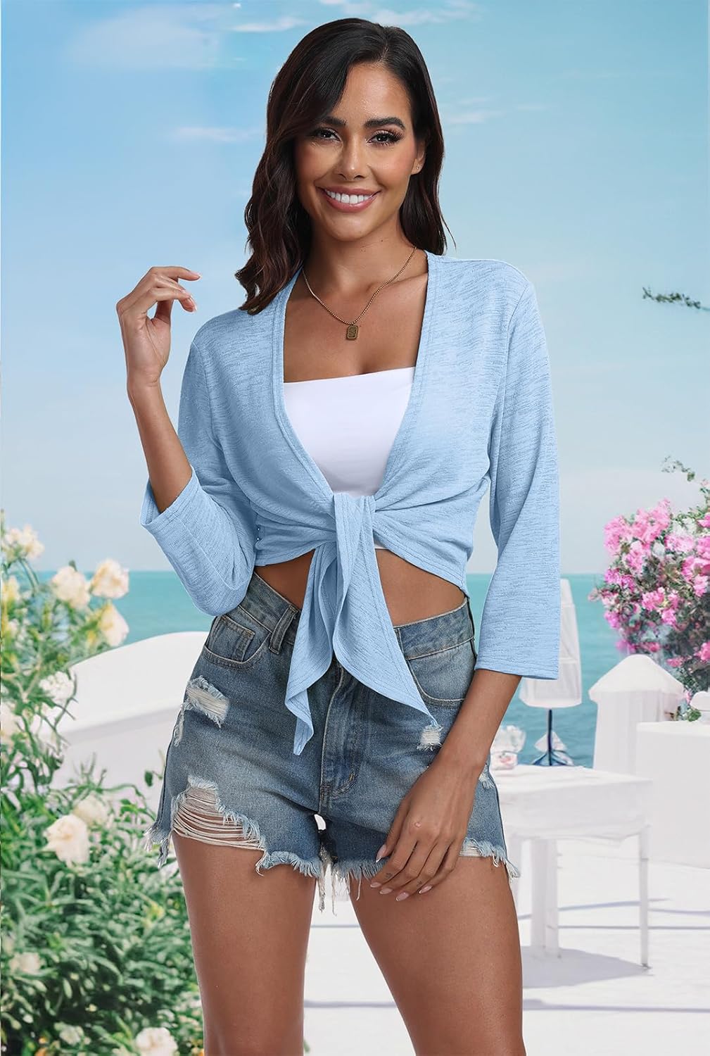 PrinStory Women's Tie Front Shrug 3/4 Sleeve Bolero Cardigan Lightweight Summer Casual Short Shawl Top S-4XL - Image 3