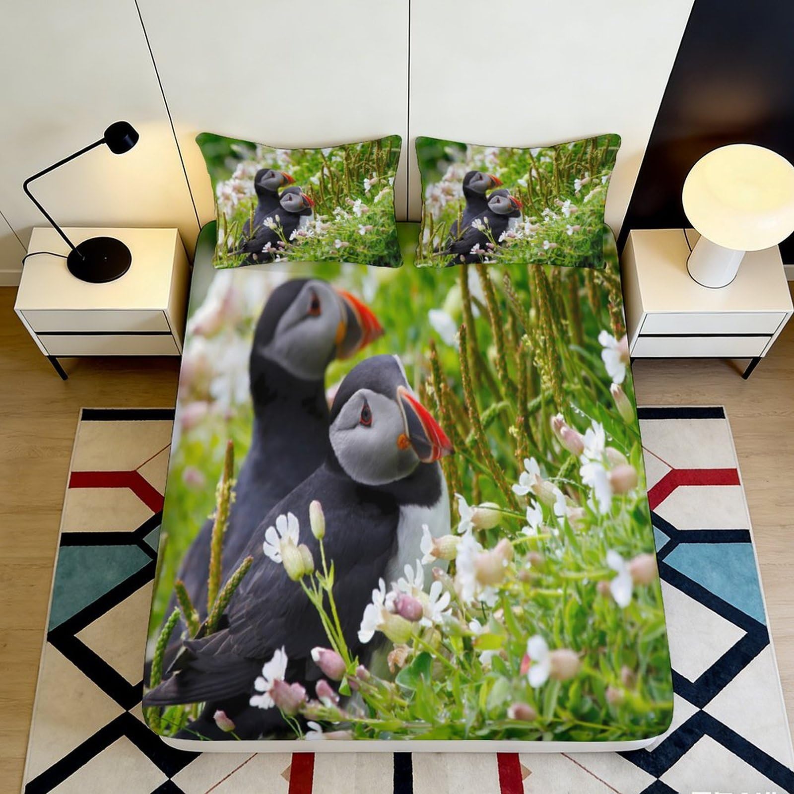 3D Printed Puffin Meadow Fitted Sheet Microfiber Soft Breathable Seabird Floral Mattress Cover for Bedroom Dorm Mattress Protection Decor 140x200x25cm