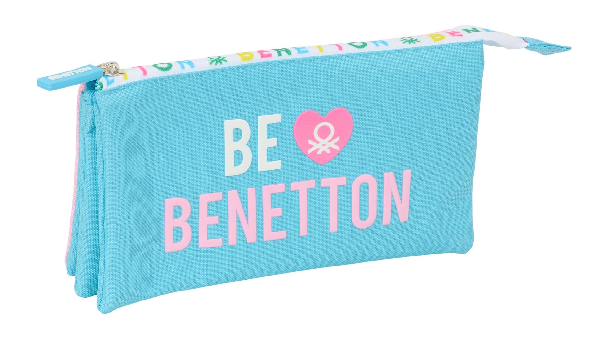 Safta BENETTON UNIQUE – Triple Pencil Case, Children's Pencil Case, Ideal for School Age Children, Comfortable and Versatile, Quality and Resistance, 22 x 3 x 12 cm, Turquoise Blue/Light Pink, M,