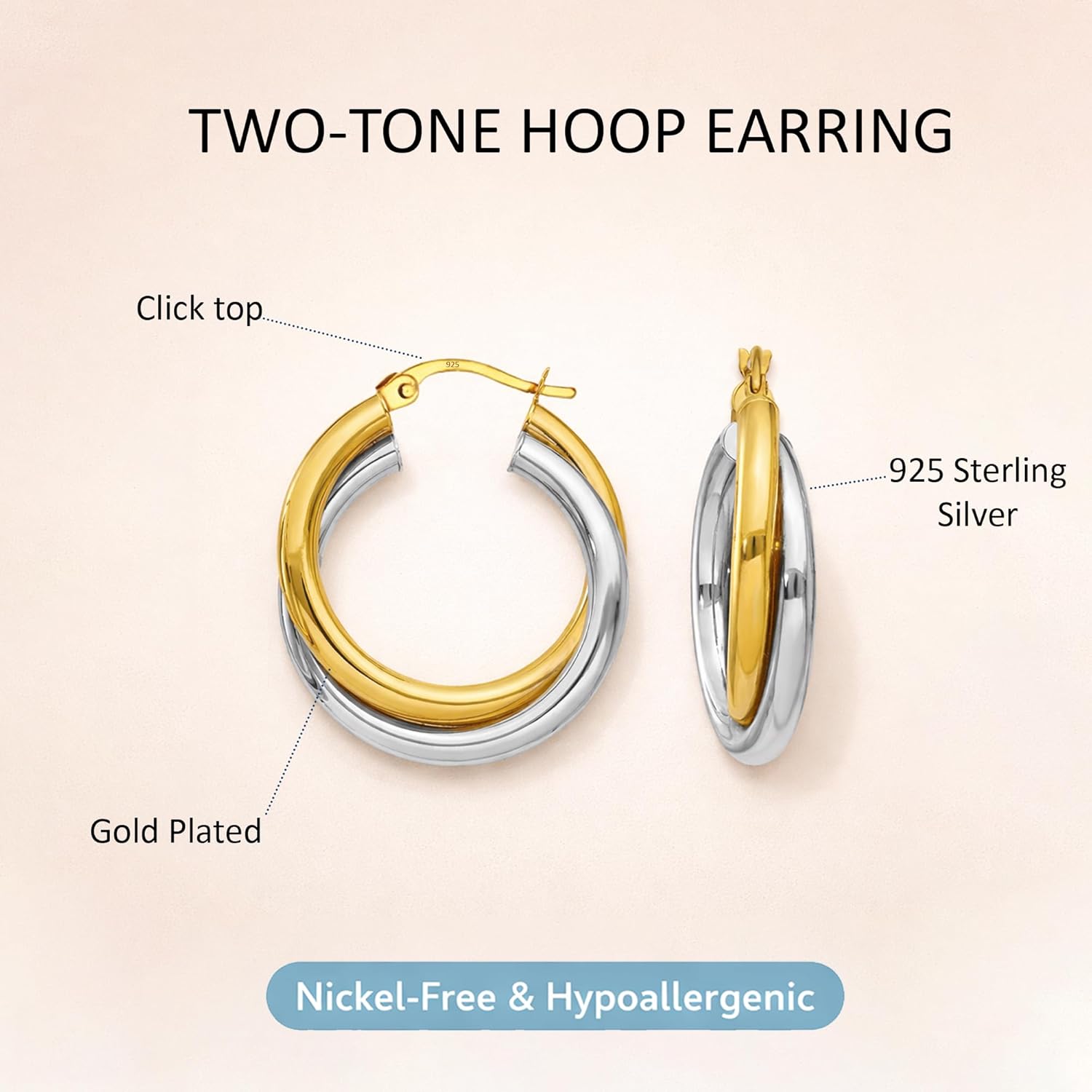 LeCalla 925 Sterling Silver Two-Tone Three-Tone Hoop Earrings Intertwining Round Shape Polished Chunky Hoop Earrings for Women - Image 4