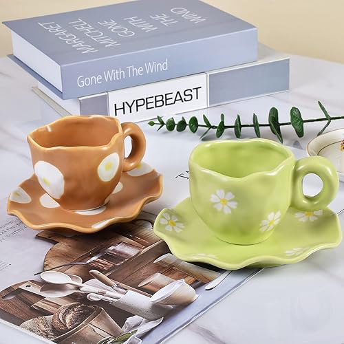 Miniatura 6 de Koythin Taza de café de cerámica con platillo, lindo y creativo plato de margaritas para oficina y hogar, apto para lavavajillas y microondas, 6.5
