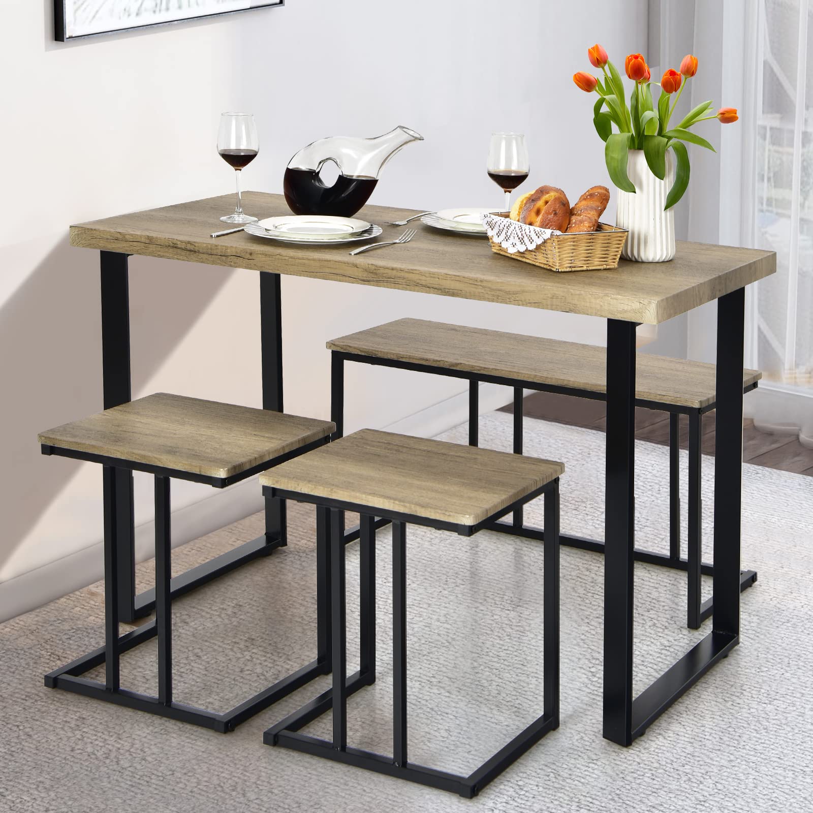 RELAX4LIFE Tavolo da Pranzo 4 Pezzi, Set Tavolo Cucina con Panca 2 Sgabelli, Tavolo da Bar con Struttura in Metallo, Gruppo Sedute per 4 Persone, Design Industriale, Rovere Grigio