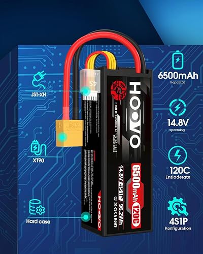 HOOVO 4S Lipo Batterie 14,8 V 6500 mAh 120 C RC Batterie Étui Rigide avec Prise XT90 pour RC Buggy Truggy Crawler Monster Car Boat Racing Drone UAV Drone FPV Hobby (2 Paquets) - 2