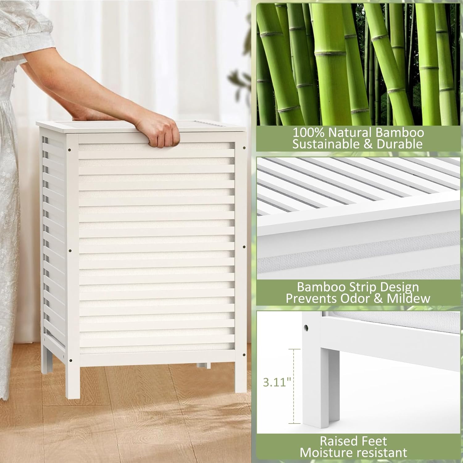 Bamboo Laundry Hamper with Lid, 120L Large Double Laundry Basket with Removable Liner Bag, 2-Section Clothes Laundry Sorter for Bedroom, Bathroom, Laundry Room,18.5 x 18.5 x 25.6 Inches