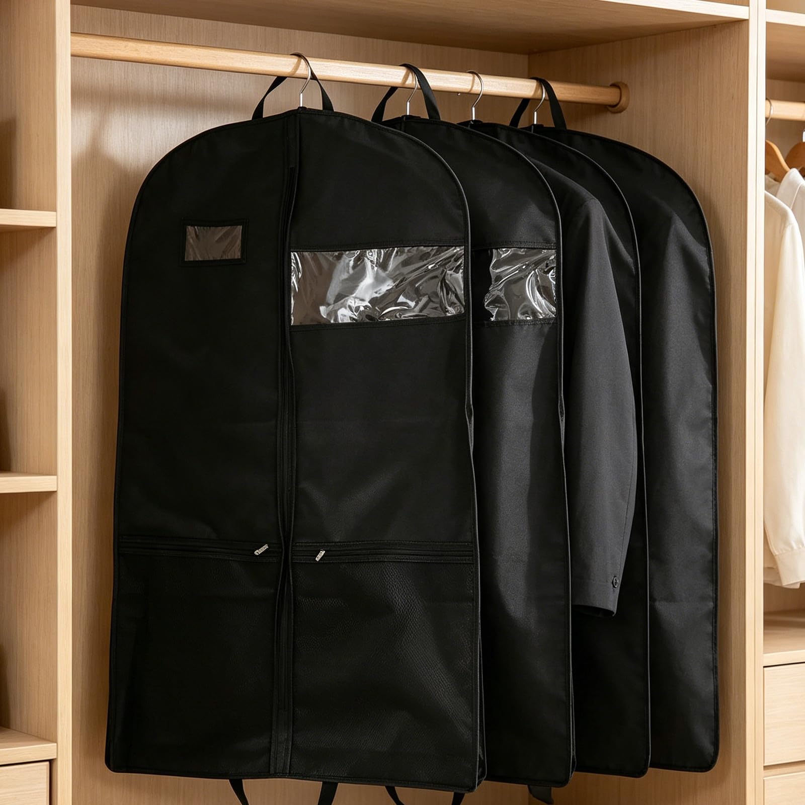 Toyvian Porta Abiti da Viaggio Custodia Trasparente Non Tessuto Nero 3 Pezzi con Cerniera e Tasche per Cappotti Lunghi e Abiti, per Armadio e Viaggio