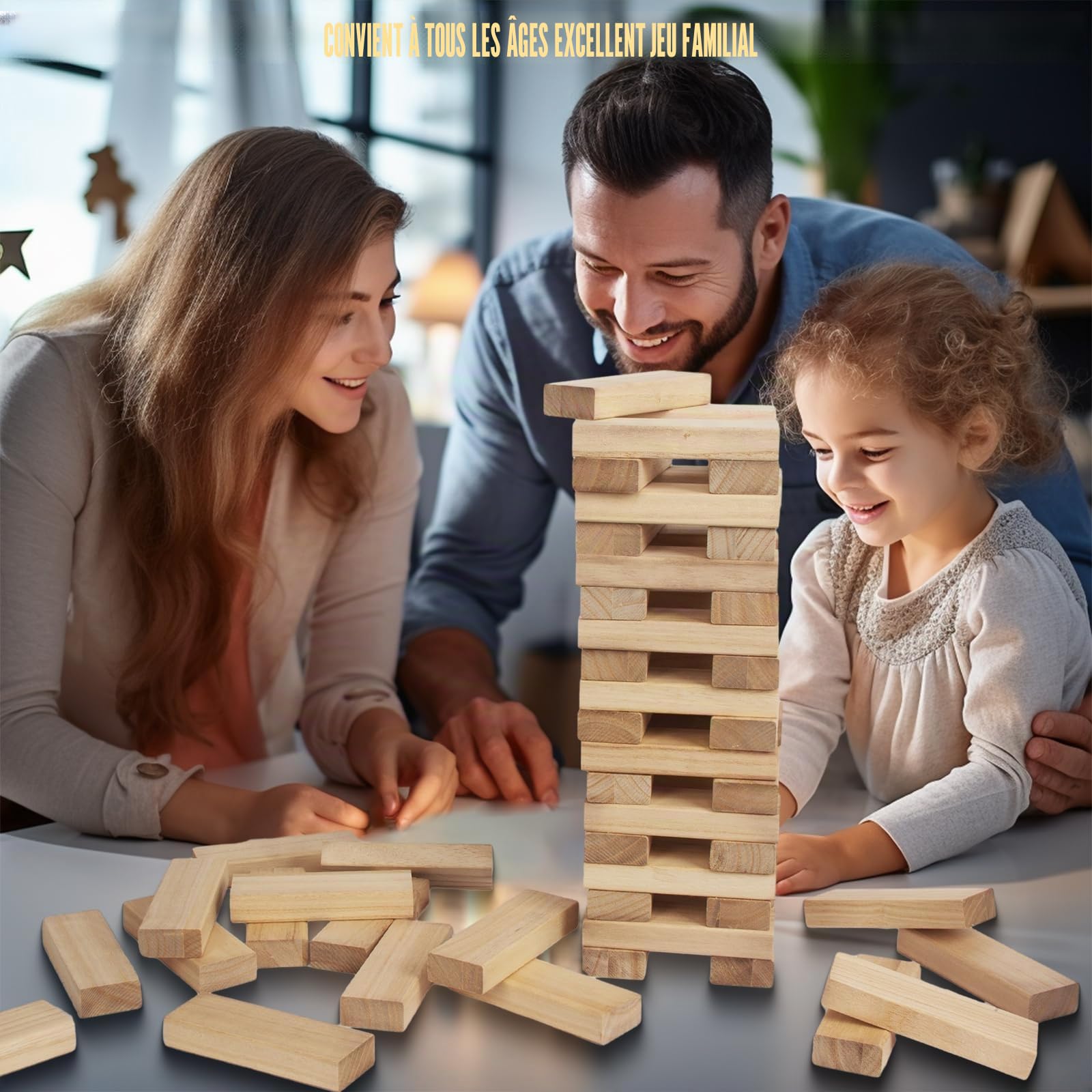 WOODENFUN Tour géante en bois empilable de 0,4 m à 1,2 m, jeux de tour géante, jouets pour enfants, adultes et familles (couleur bois)