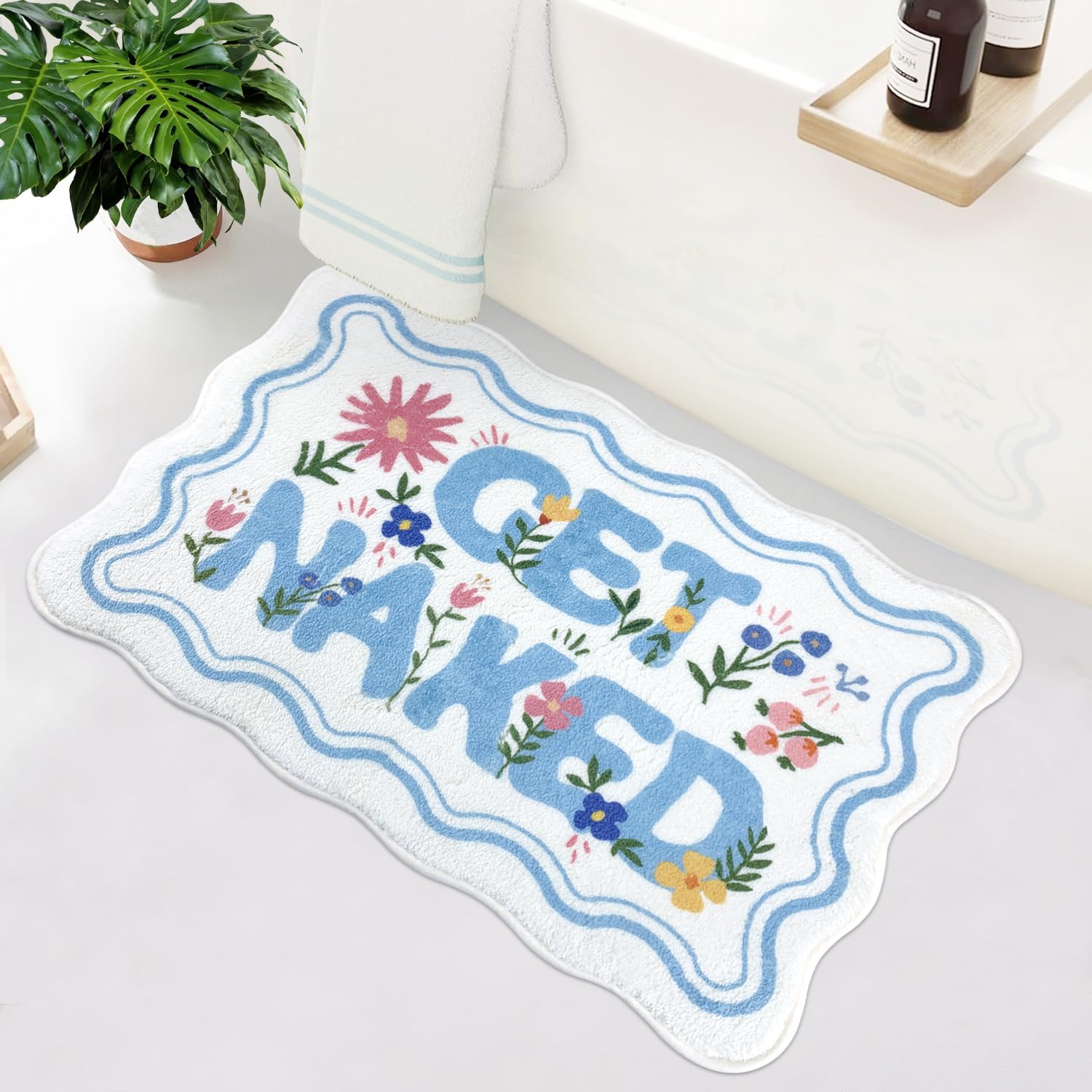 SHIYUE Cute Get Naked Flower Bath Mat，Ultra Soft and Fluffy Microfiber Water Absorption Non Slip Mat for Bedroom Kitchen Bathroom Rug(18"×26" Sky Blue)