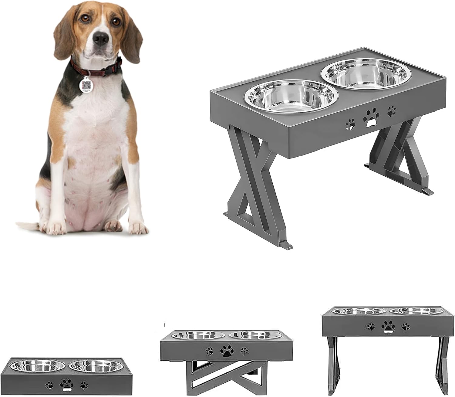 Elevated Dog Bowls for Large Dogs - Elevated Dog Bowls 4 Height Adjustable Raised Dog Bowl with 2 Stainless Steel Dog Food Bowls Non-Slip Dog Bowl Stand Adjusts