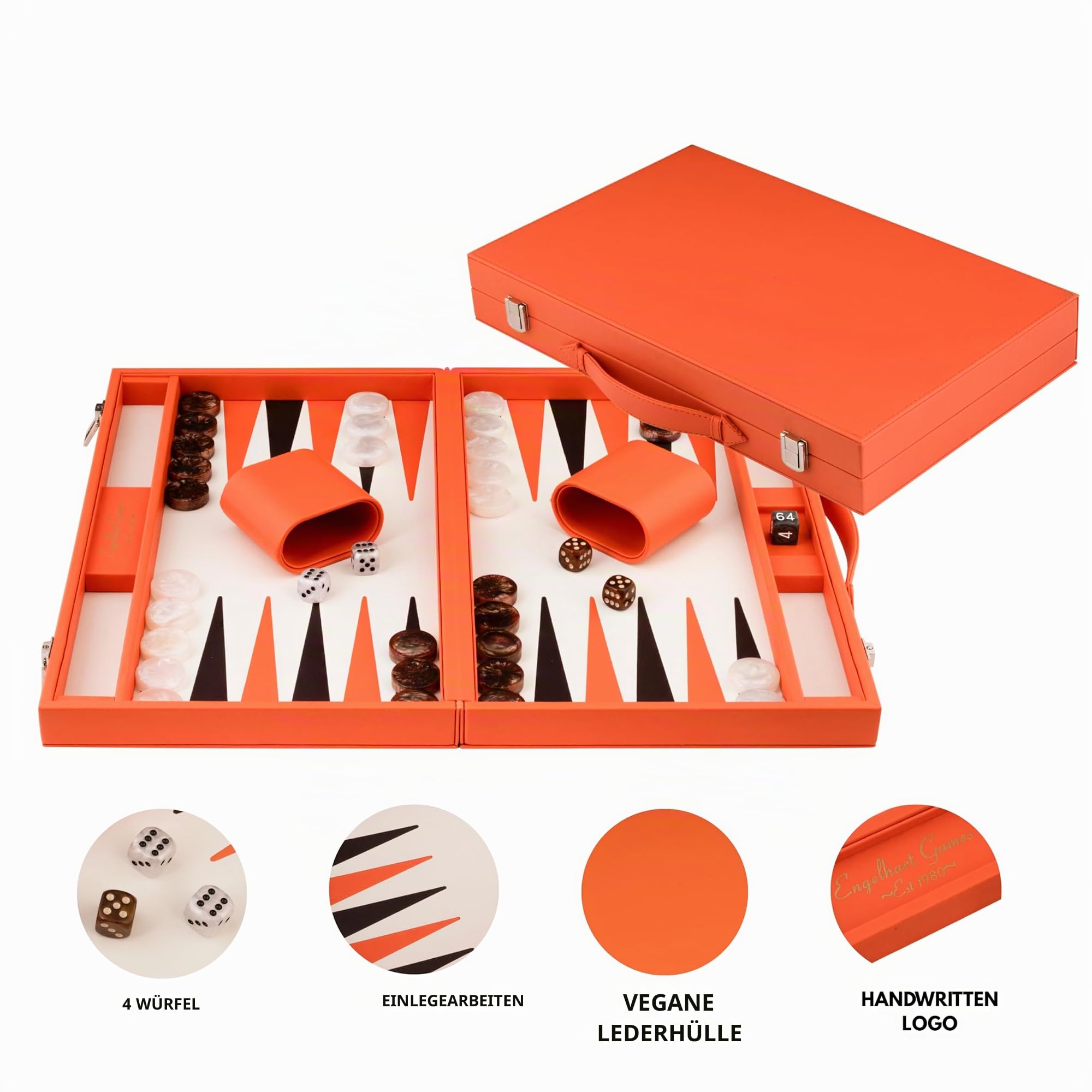 Engelhart-250565 – Backgammon 18 Zoll (46,7 cm) Luxus Koffer Kunstleder Orange – Intarsienbrett – Offen 56,4 × 46,7 cm – Schwarz/Orange Steine – Würfel & Becher – Klassisches Brettspiel