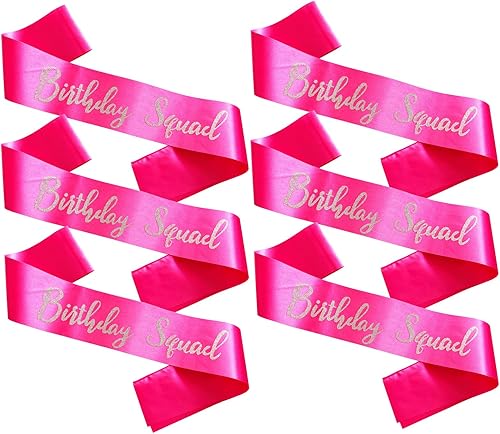 Banda de escuadrón de cumpleaños, 6 piezas de color rosa intenso con letras plateadas con purpurina plateada, juego de bandas de regalo de