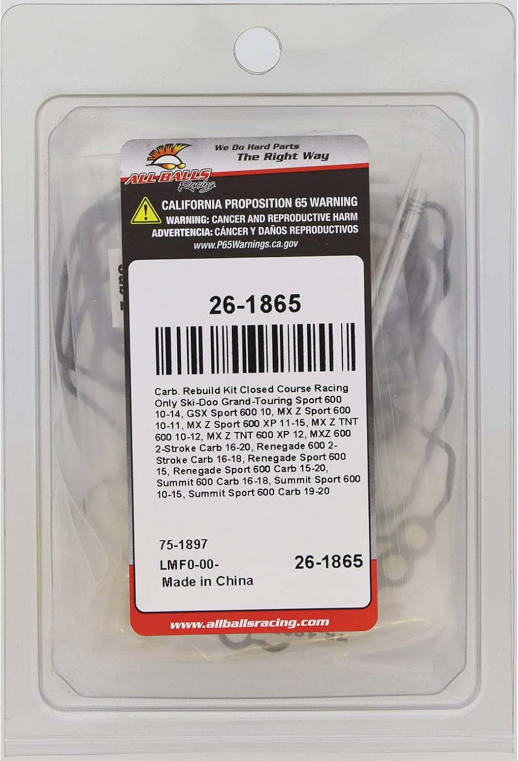 All Balls Racing 26-1865 Carburetor Rebuild Kit Compatible with/Replacement For Ski-Doo Grand Touring Sport 600 2010-2014, GSX Sport 600 2010, MX Z 600 2-Stroke Carb 2016, MX Z Sport 600 2010