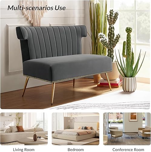 Miniatura 3 de TINA'S HOME Sofá de dos plazas moderno de terciopelo, sofá de mediados de siglo sin brazos con patas de metal dorado, sofá tapizado de 2 plazas para
